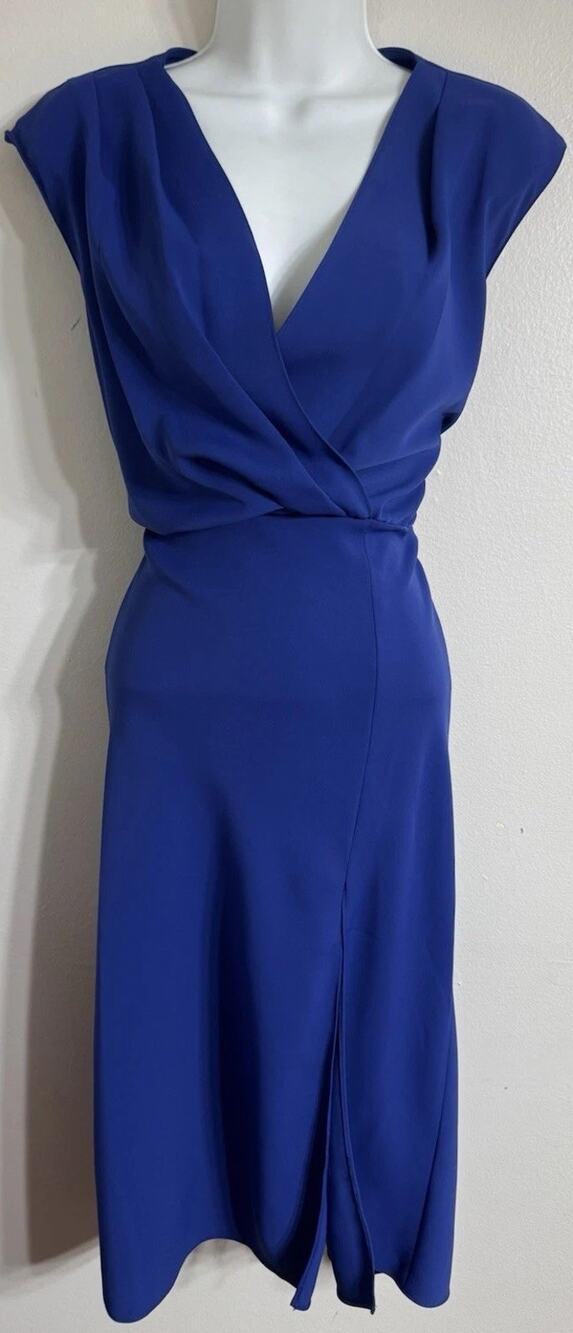Amanda Uprichard Matthews Midi Dress Women’s Medium Surplice V-Neck Elegant Blue